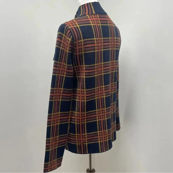 Rachel Zoe Plaid Zip Sweater Cardigan Jacket Knit Shacket. Orange & Navy. Medium - Picture 13 of 16